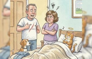 The husband comes home and worried because he has a scratch on his chest