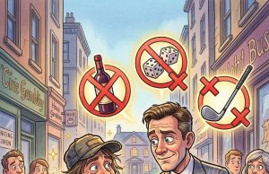 A bum approaches a well-dressed gentleman on the street.