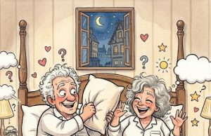 An elderly couple is in bed