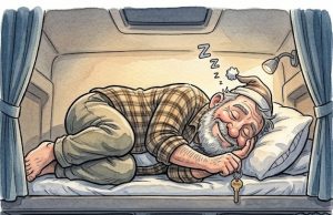 A truck driver decides to pull over to get some sleep