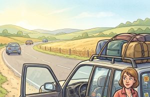 A family is driving on holiday when a frog crosses the road.