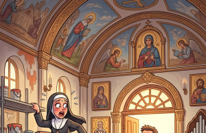 Nuns are painting the chapel on a hot summer day.