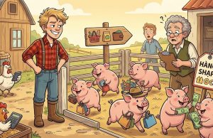 A government man approaches a pig farmer